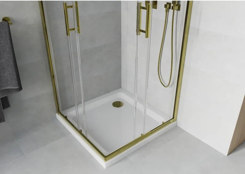 Mexen Rio квадратна душ кабина 90 x 90 см, прозрачна, златна + корито Flat, бяло