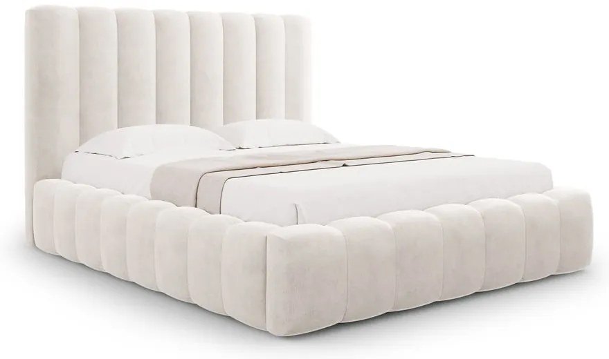 Кремаво тапицирано двойно легло с място за съхранение с включена подматрачна рамка 200x200 cm Kelp – Micadoni Home