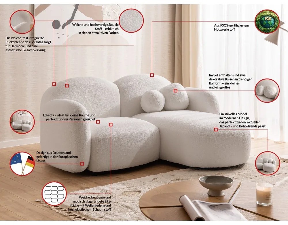 Кремав ъглов диван от прежда с примки от букле (десен ъгъл) Orbit – Ropez