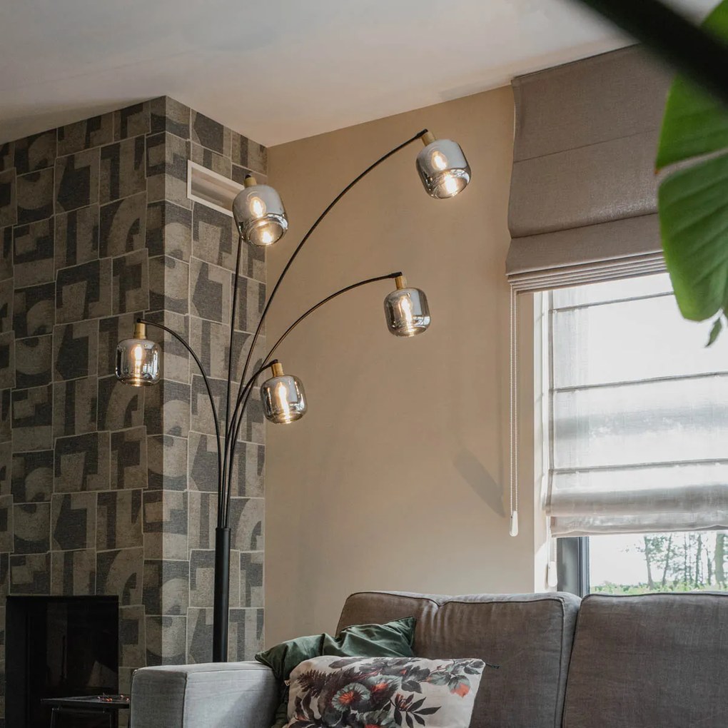 Подова лампа черна със злато с опушено стъкло 5-светлина - Zuzanna