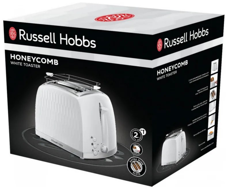 Тостер за хляб Russell Hobbs 26060-56, 850W, 2 филийки, Високо повдигане, Широки отвори, Размразяване, Бял