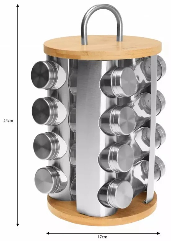 Бурканчета за подправки на стойка Klausberg KB 7553, 16бр. бурканчета, Бамбук и стомана, Инокс/кафяв