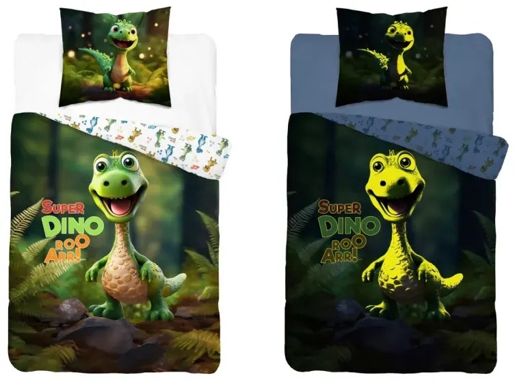 Памучни чаршафи, светещи в тъмното - мотив на динозавър 2 части: 1 бр. 140x200 + 1 бр. 70x80