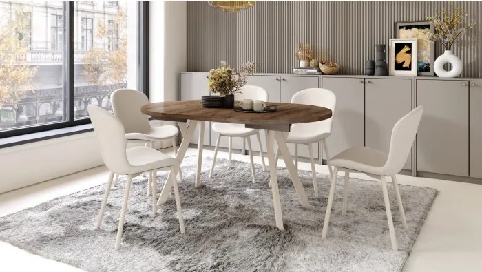 АЛМО Елегантен Орех/бежови крака - КРЪГЛА РАЗТЕГАТЕЛНА МАСА С Y-ОБРАЗНИ КРАКА В ЛОФТ/ИНДУСТРИАЛЕН СТИЛ ЗА ХОЛ ИЛИ ТРАПЕЗАРИЯ