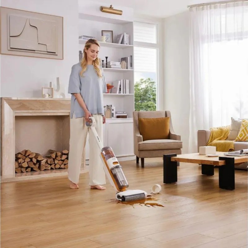Вертикална прахосмукачка Tineco iFloor Y2 Plus, 6500 Pa, Wi-Fi, 0.8 л мръсна/1 л чиста, LED, Самопочистване, 70м2, Индикатори, Бял/оранжев