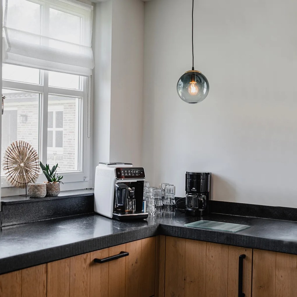 Висяща лампа в стил арт деко месинг с океанско синьо стъкло 20 см - Pallon