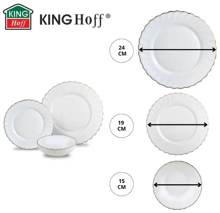 Сервиз за хранене Kinghoff KH 1921, 18 части, За 6 души, Опалово стъкло, Бял/Зластист