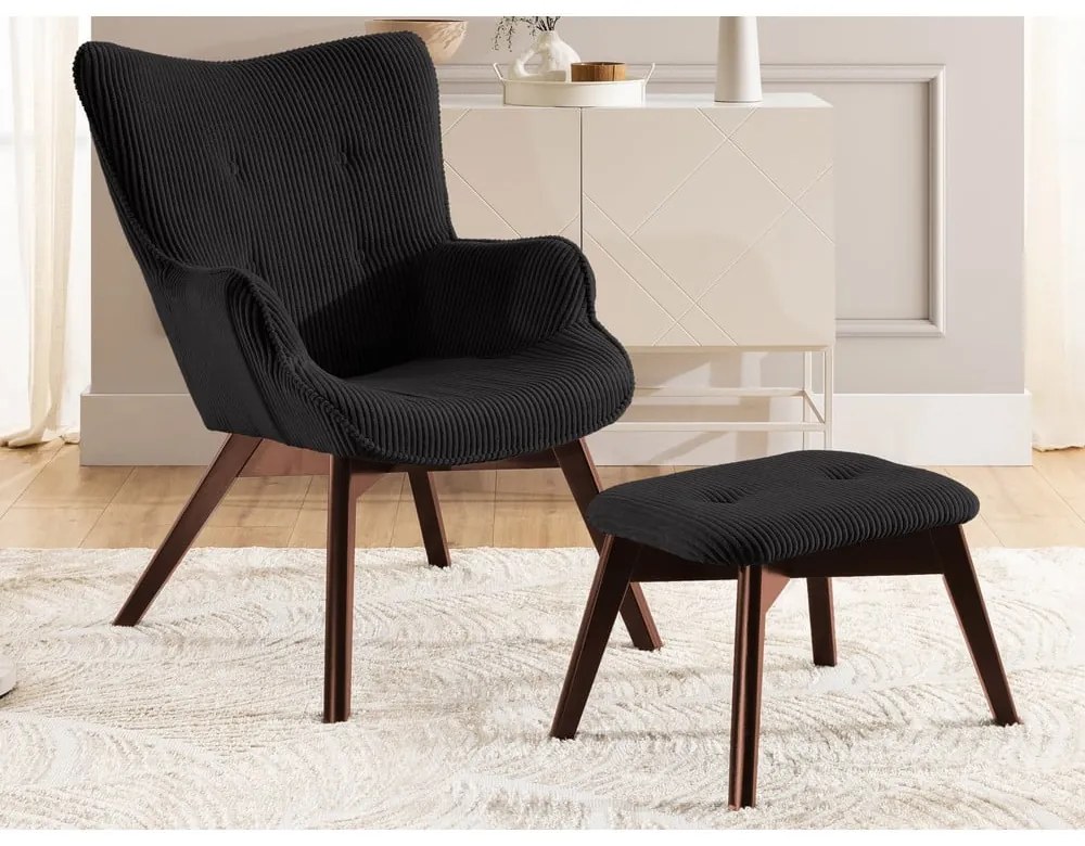 Черен фотьойл с табуретка от рипсено кадифе Niko – Ropez