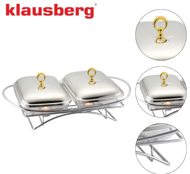 Съд за топло сервиране Klausberg KB 7922, 2х1.5 л, Термоустойчиво стъкло, Инокс/златист