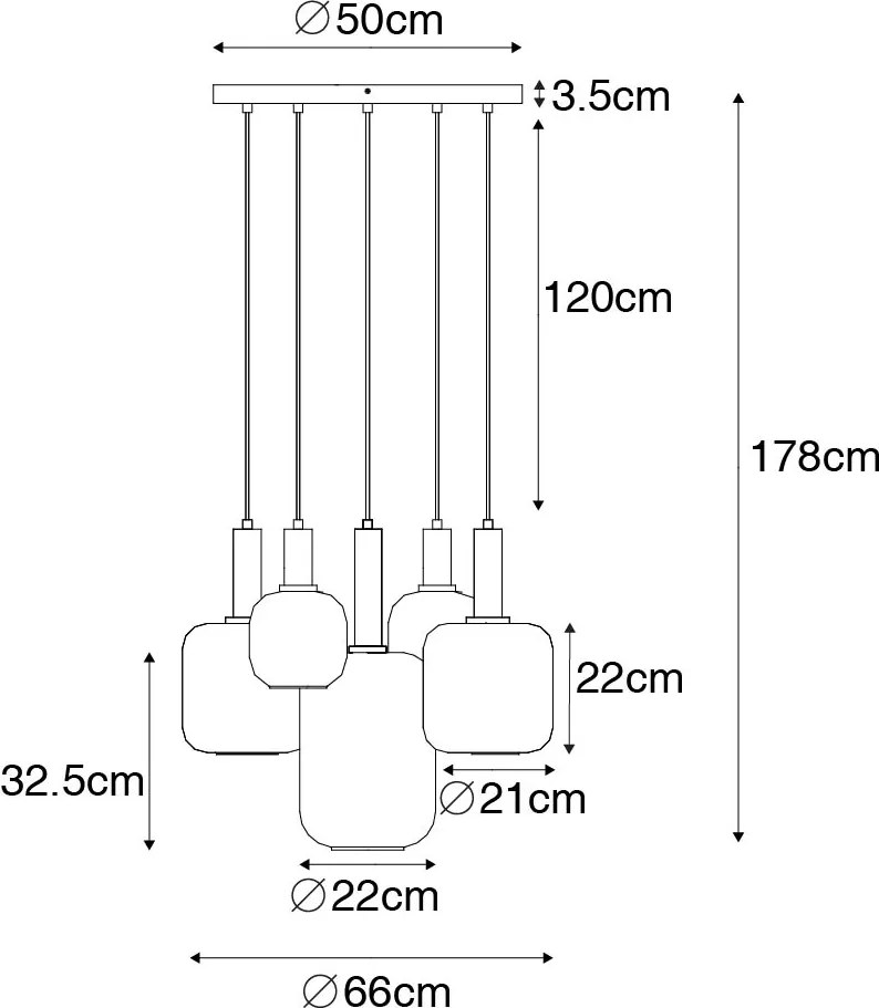 Висяща лампа черна със златно и димно стъкло, включваща 5 PUCC - Zuzanna