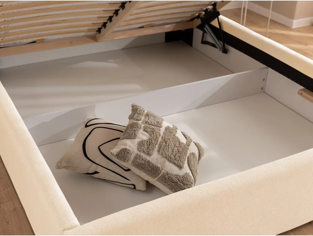 Кремаво тапицирано двойно легло с място за съхранение и включена подматрачна рамка 140x200 cm Cille – Ropez