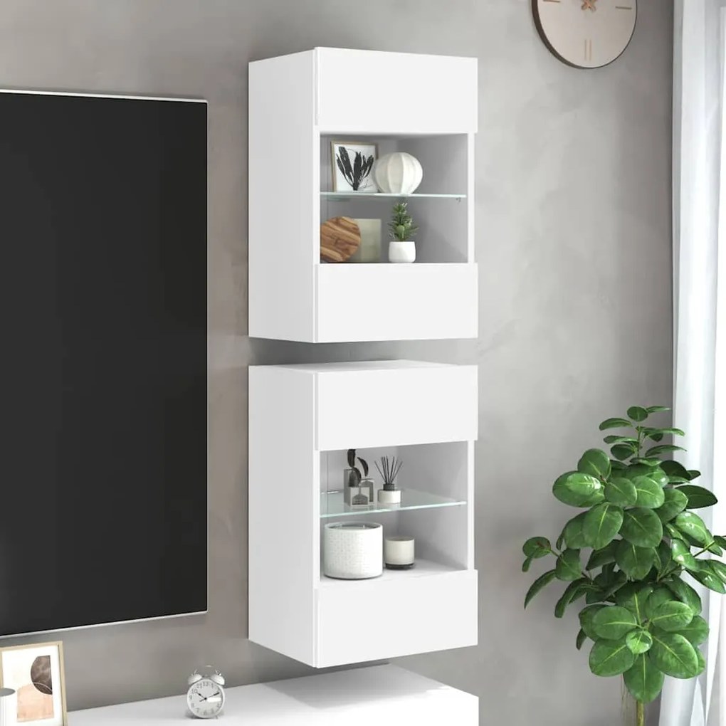 837079 vidaXL Стенни шкафове с LED светлини за телевизор, 2 бр, бели, 40x30x60,5 см