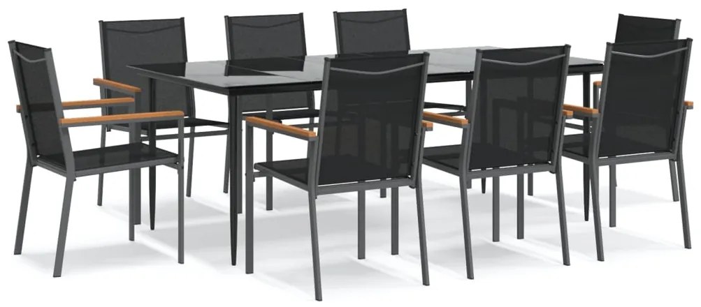3187040 vidaXL Градински трапезен комплект 9 части черен текстилен и стомана