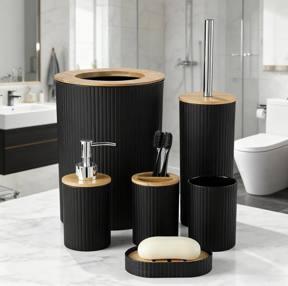 Комплект аксесоари за баня Ruhhy 24636, 6 части с бамбукови детайли, черен