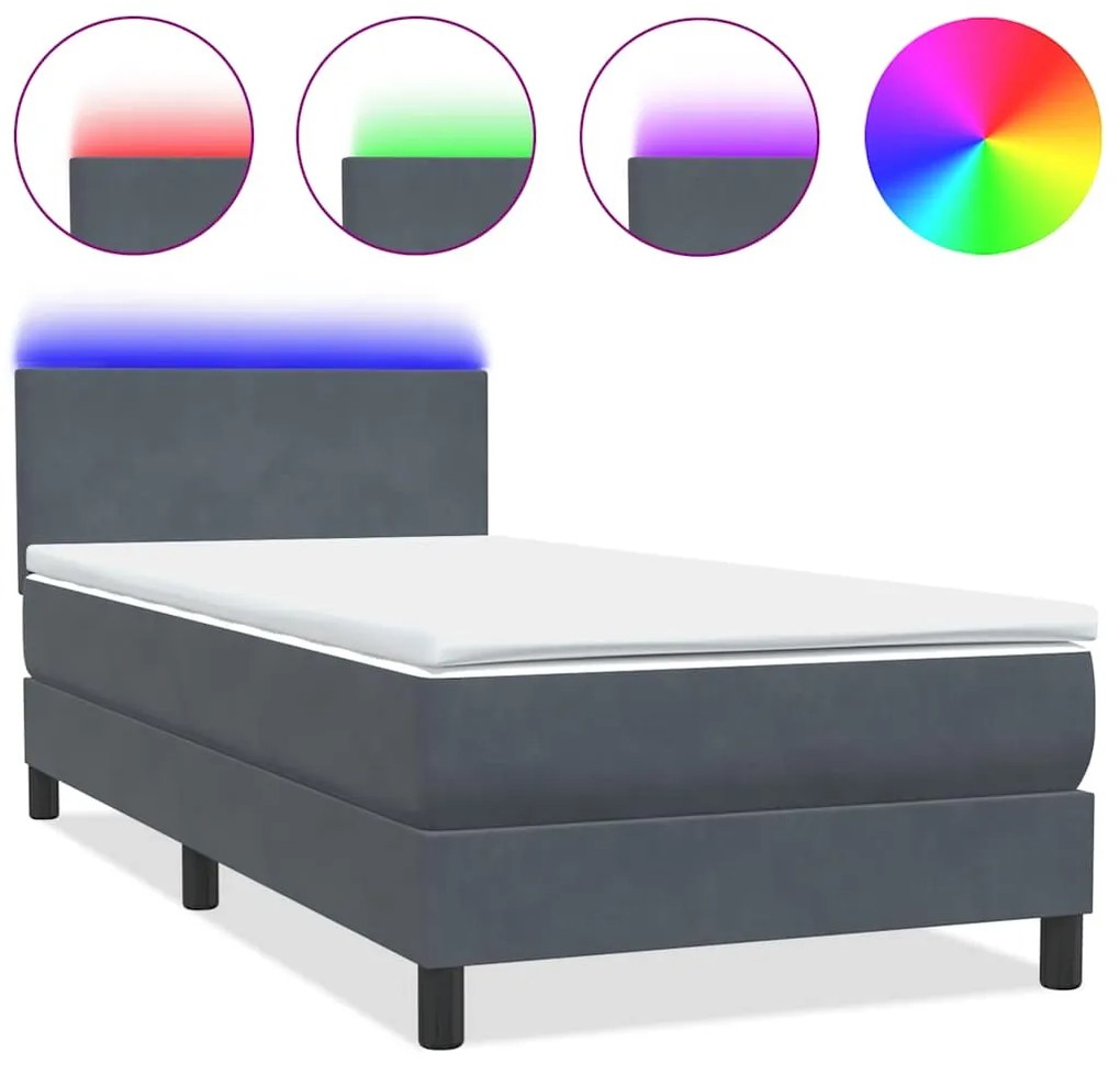 3316714 vidaXL Боксспринг легло с матрак и LED, тъмносиво, 80x220 см, кадифе