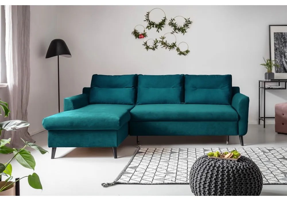 Ъглов разтегателен диван от тюркоазено кадифе, ляв ъгъл Stylish Stan - Miuform