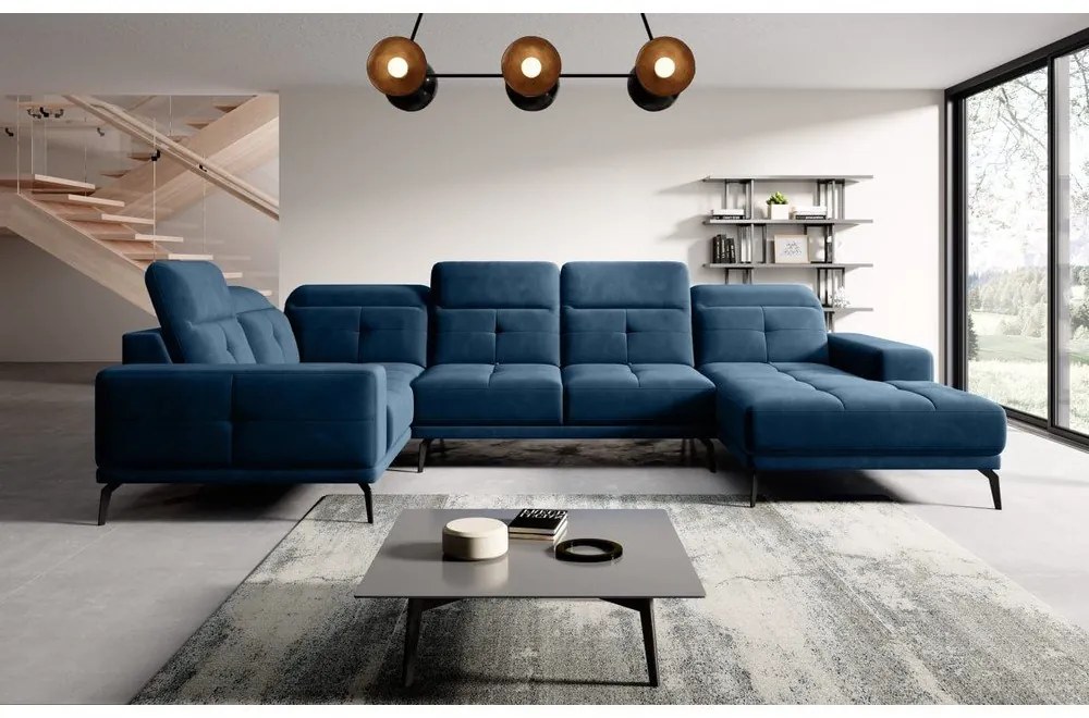 Тъмносин кадифен ъглов диван (ляв ъгъл/U форма) Neviro – ELTAP