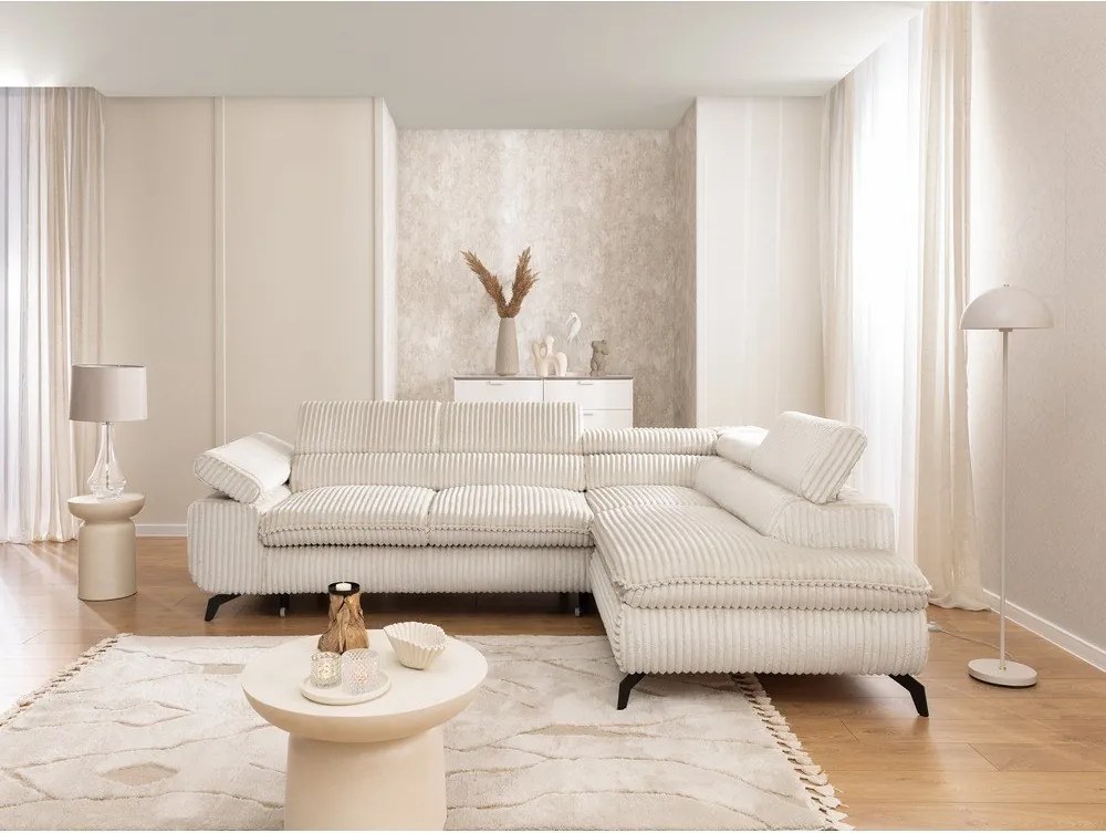 Кремав ъглов диван от рипсено кадифе (десен ъгъл L форма) Marbeya – Ropez