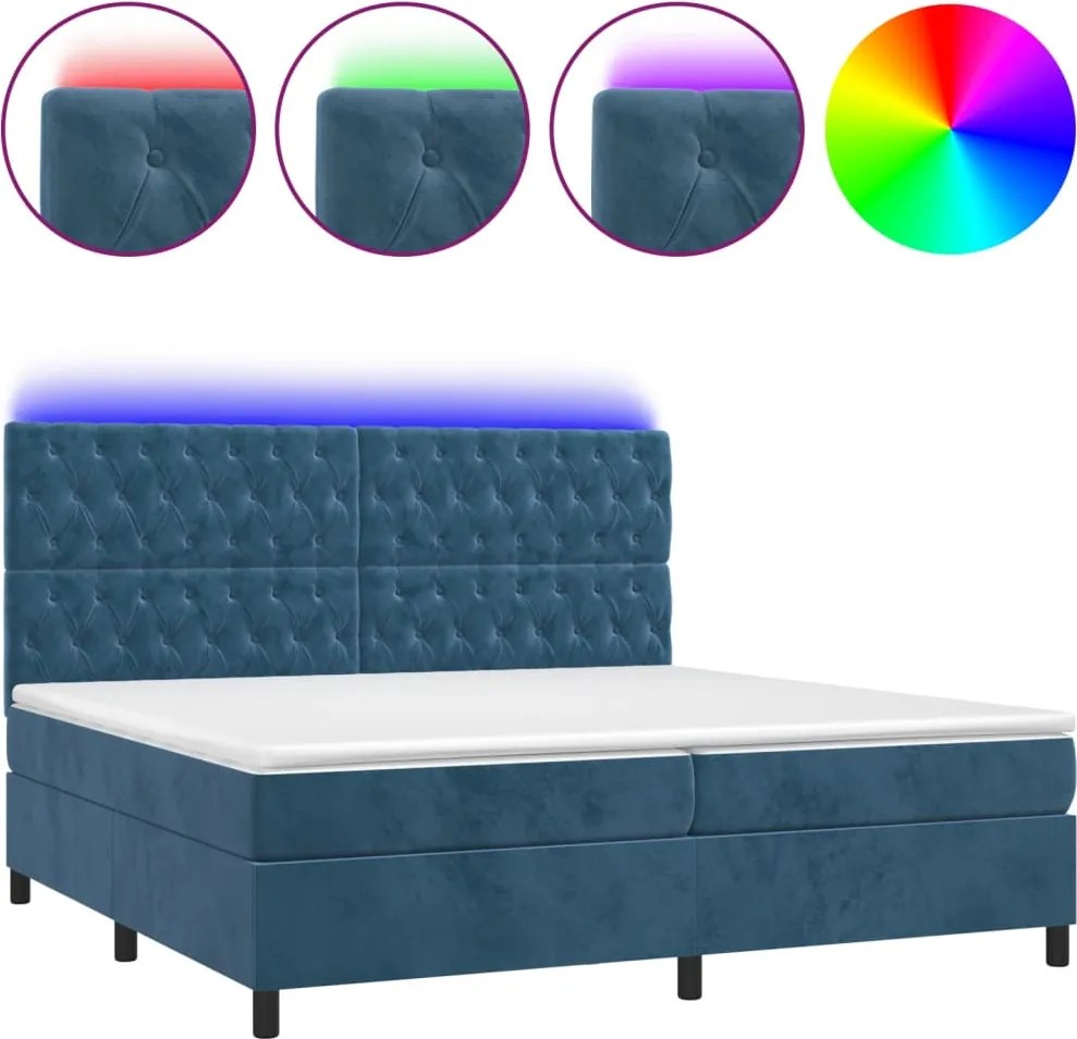 3136327 vidaXL Боксспринг легло с матрак и LED, тъмносиньо, 200x200 см, кадифе