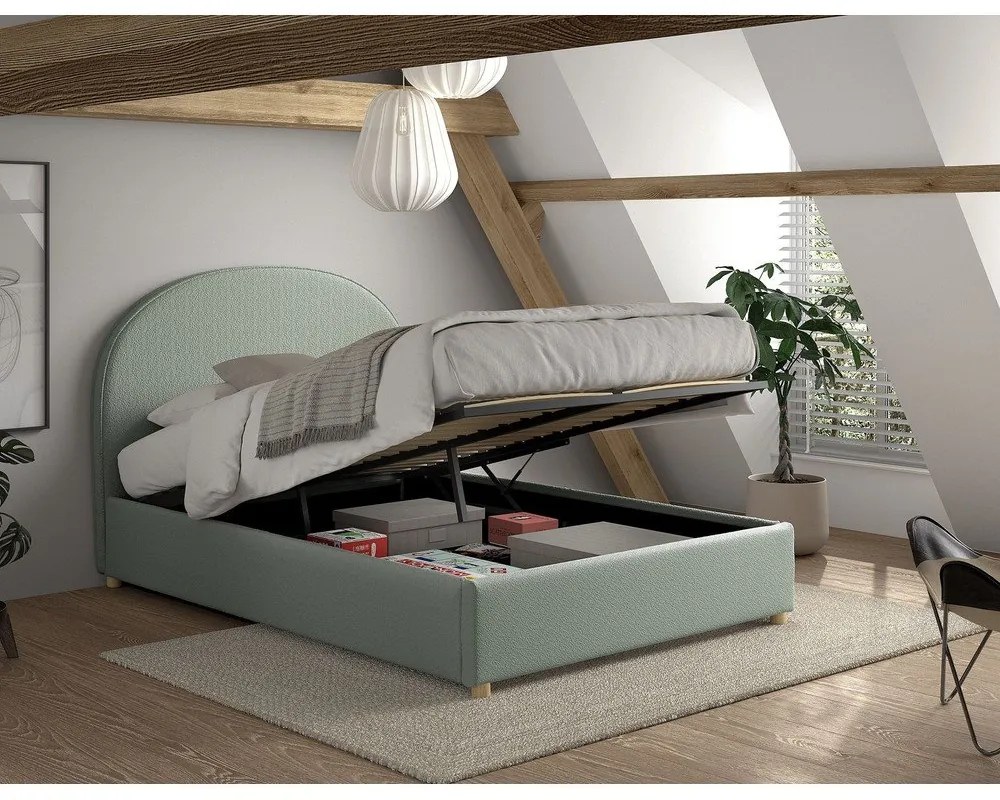 Зелено тапицирано двойно легло с място за съхранение с включена подматрачна рамка 140x200 cm Moon – Vipack