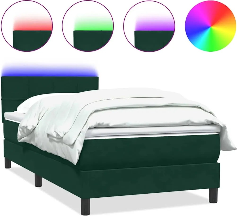 3316908 vidaXL Боксспринг легло с матрак и LED, тъмнозелено, 80x220 см, кадифе