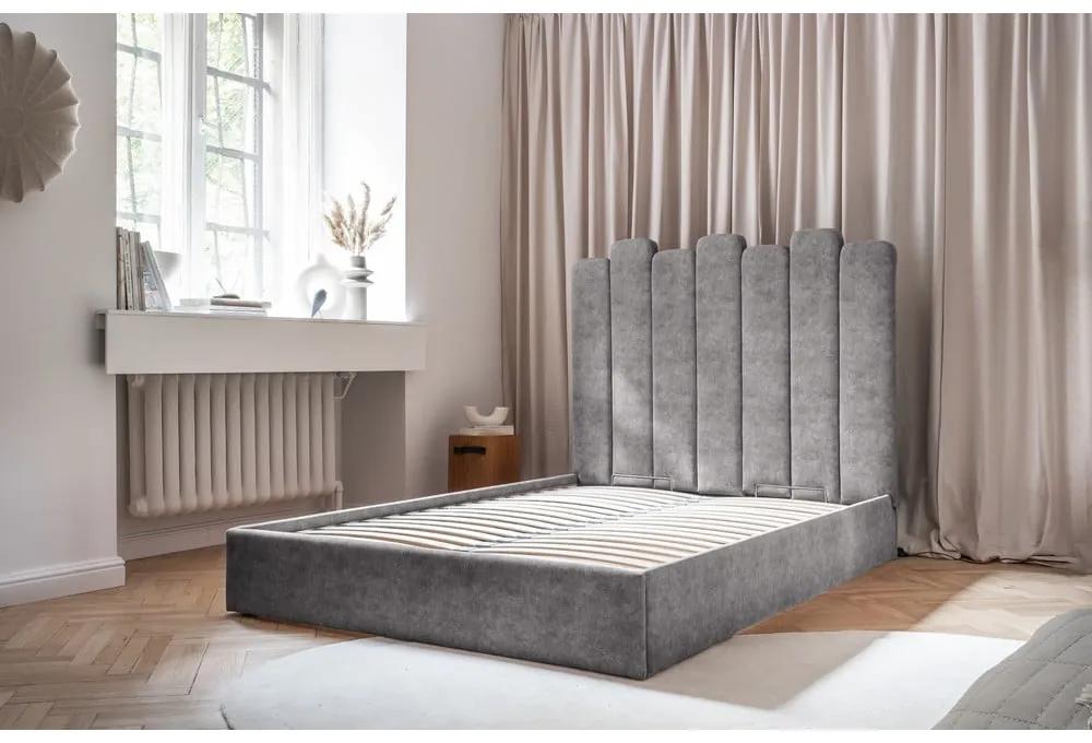 Сиво тапицирано двойно легло с място за съхранение и решетка140x200 cm Dreamy Aurora - Miuform