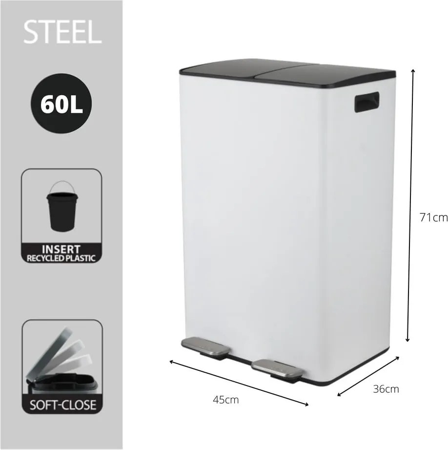 Стоманено кошче за боклук 2x30 l за рециклиране с педал в матово бял цвят Aliya – Spirella