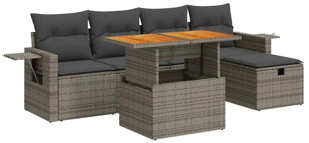 3328026 vidaXL Градински диван с възглавници, 6 части, сив полиратан, акация