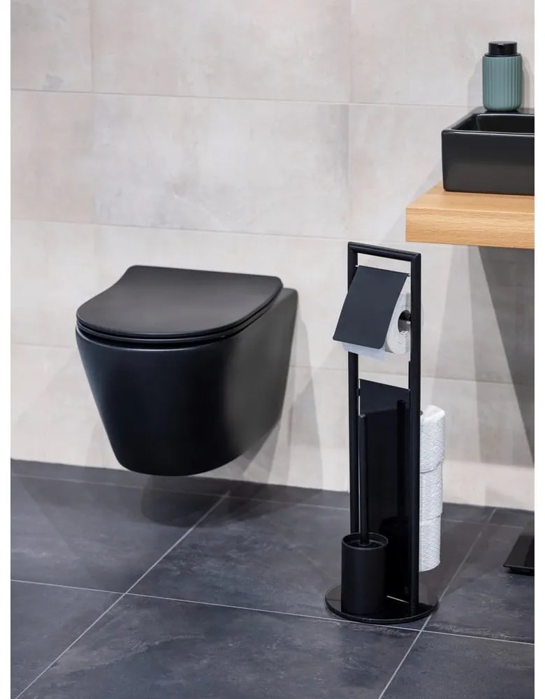 Черна поставка за тоалетна хартия стойка с четка от неръждаема стомана Ravina – Wenko