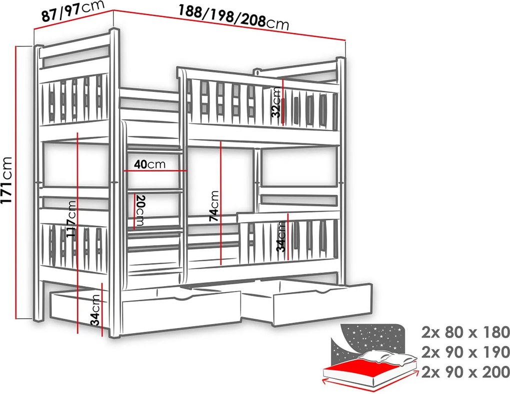 Двуетажно легло Monika-Сиво-80 x 180