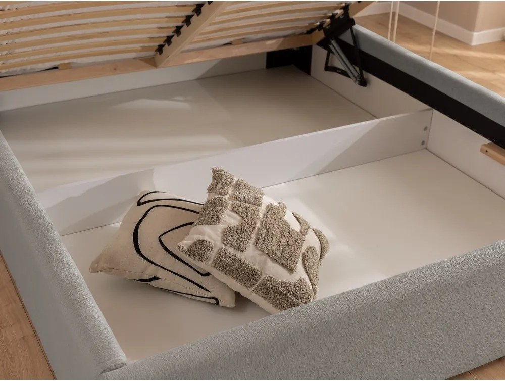 Светлосиво тапицирано двойно легло с място за съхранение и включена подматрачна рамка 140x200 cm Cille – Ropez