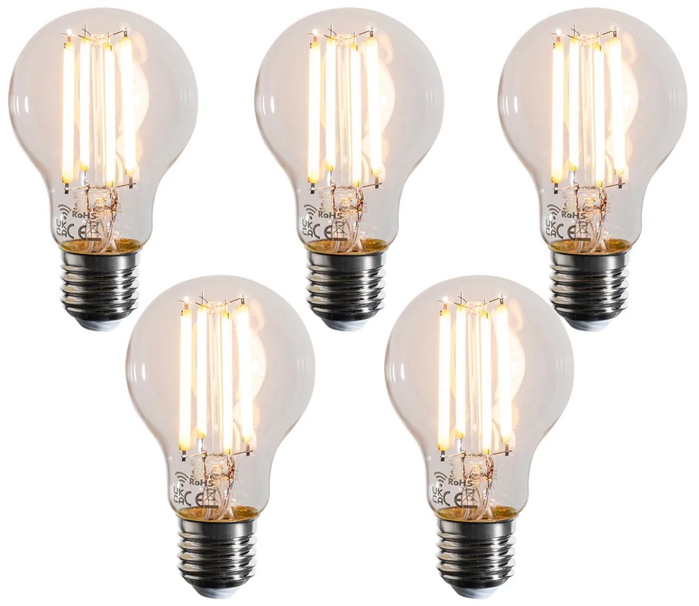 Комплект от 5 смарт E27 димируеми LED крушки Kelvin A60 прозрачни 7W 806 lm 1800-3000K