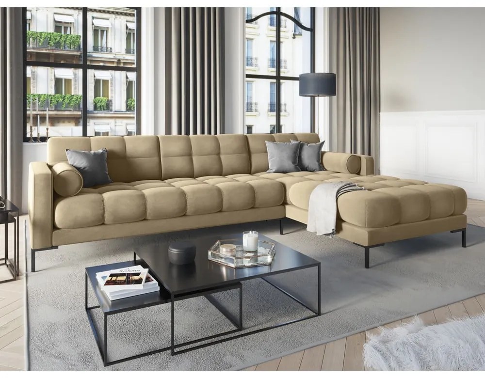 Бежов ъглов диван от кадифе , десен ъгъл Bali - Cosmopolitan Design