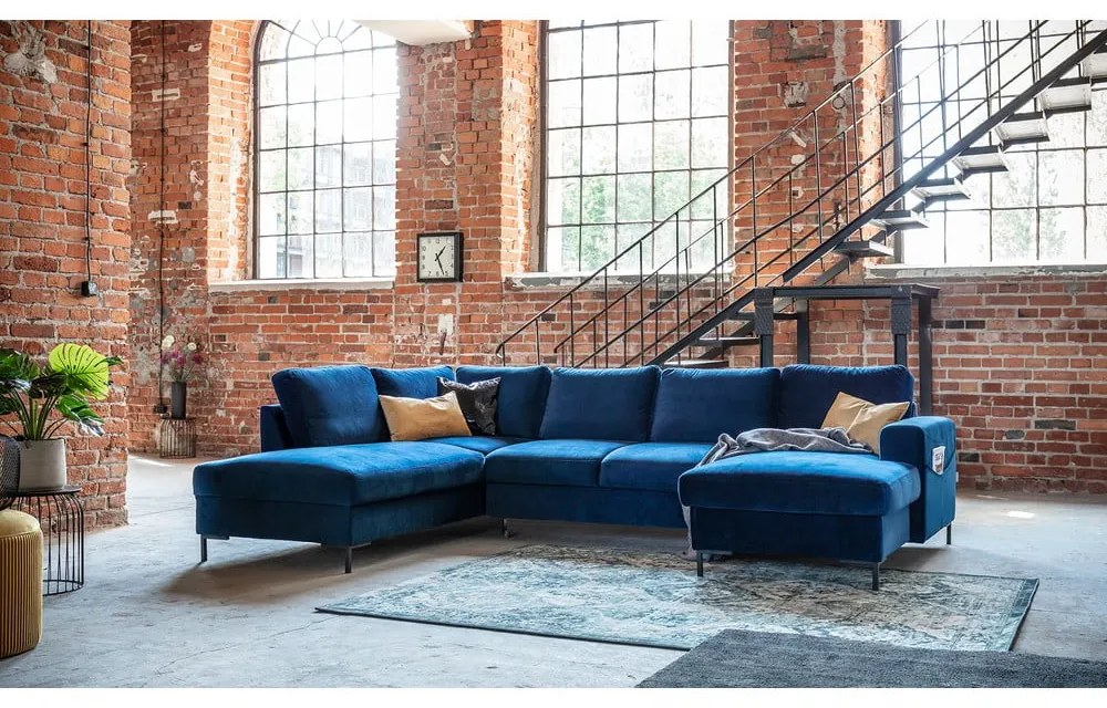 Морскосиньо кадифе, U-образен разтегателен диван, ляв ъгъл Lofty Lilly - Miuform