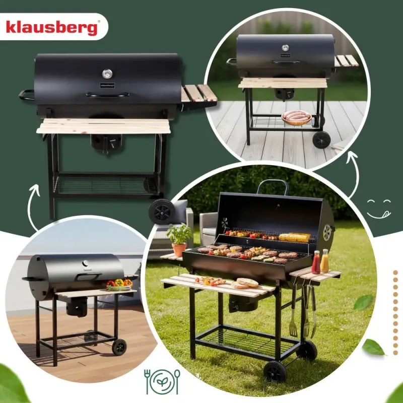 Барбекю на дървени въглища Klausberg KB 9033, Заключващ се капак, Термометър, Странични поставки, Чекмедже за пепел, Колелца, Стомана, Черен