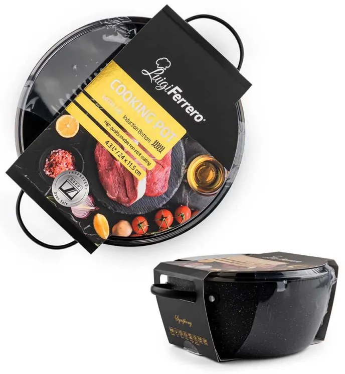 Тенджера Luigi Ferrero Symphony FR-2410, 24x11.5 см, 4.3 л, Незалепващо покритие, Стъклен капак с отвор за пара, Стоманени дръжки с PVD, Индукция, Черен мрамор