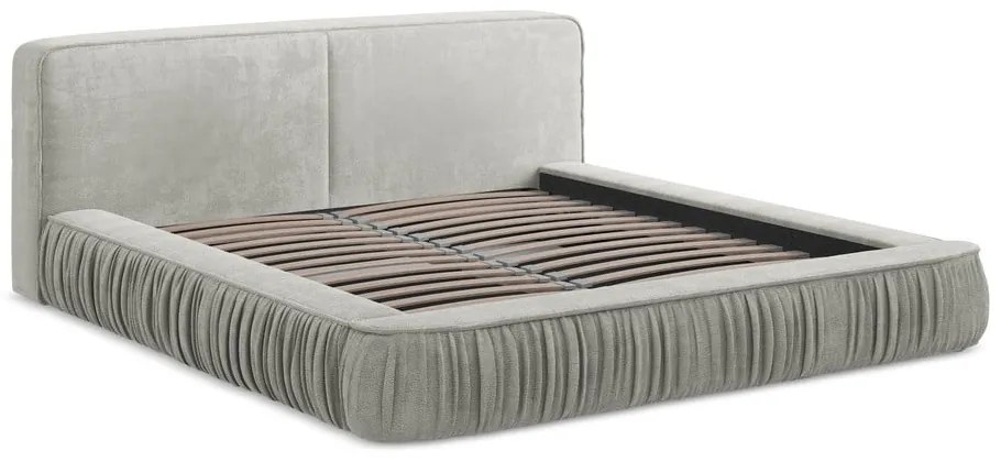 Светлосиво тапицирано двойно легло с място за съхранение и решетка 160x200 cm Keoni - Makamii