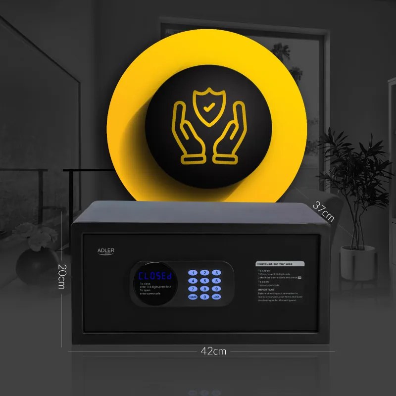 Електронен сейф Adler AD 1045, 200x420x370 мм, 14 л, Блокиране след 4 грешни опита, Предупреждение за изтощена батерия, Черен