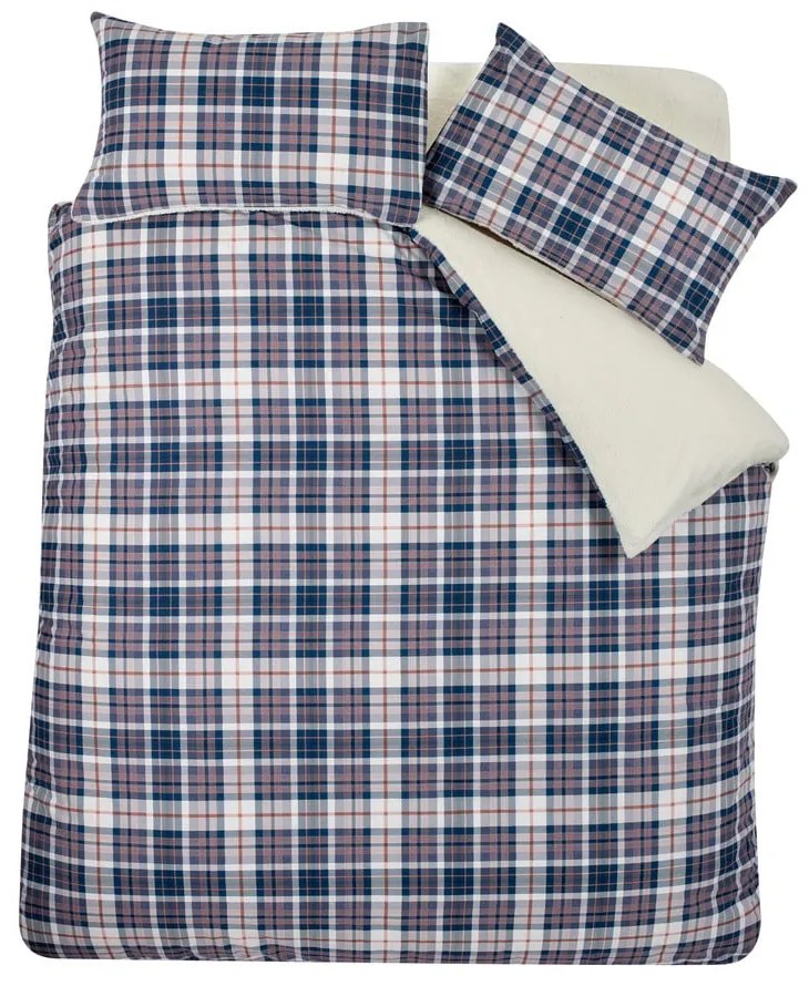Синьо -бежово двойно удължено спално бельо от шерпа 230x220 cm Cosy Sherpa Check – Catherine Lansfield