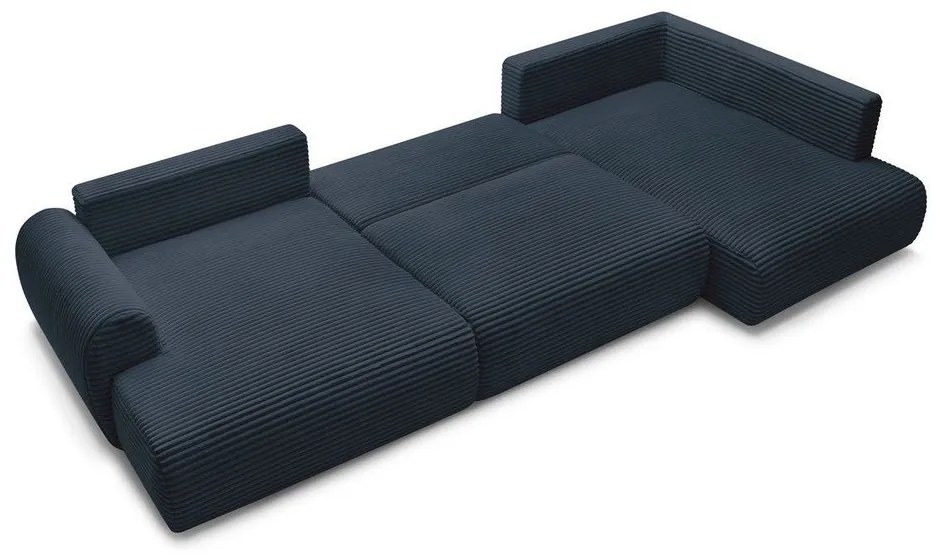 Тъмносин сгъваем/с място за съхранение ъглов диван от рипсено кадифе (десен ъгъл/U форма) Lucien – Bobochic Paris