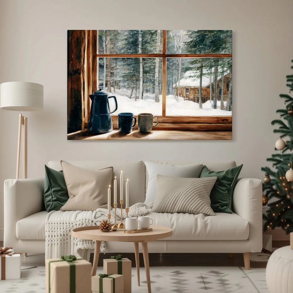 Картина на платно Коледна – Гледка от уютна горска хижа