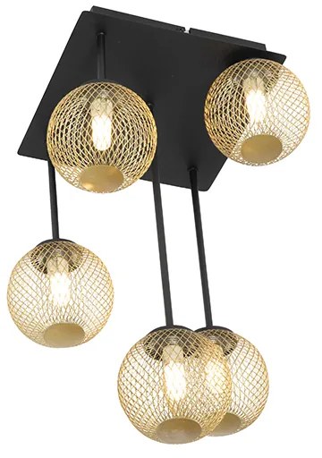 Модерна таванна лампа черна със злато 5-лампа - Athens Wire