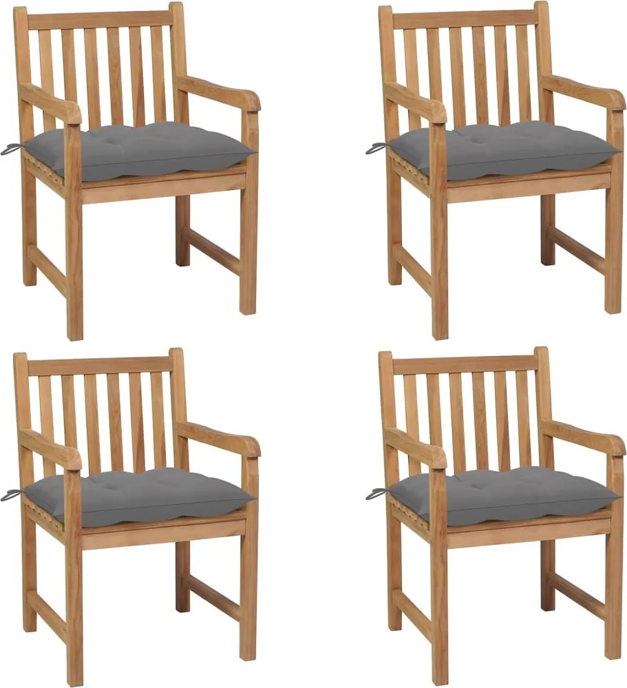 3073020 vidaXL Градински столове, 4 бр, сиви възглавници, тиково дърво масив