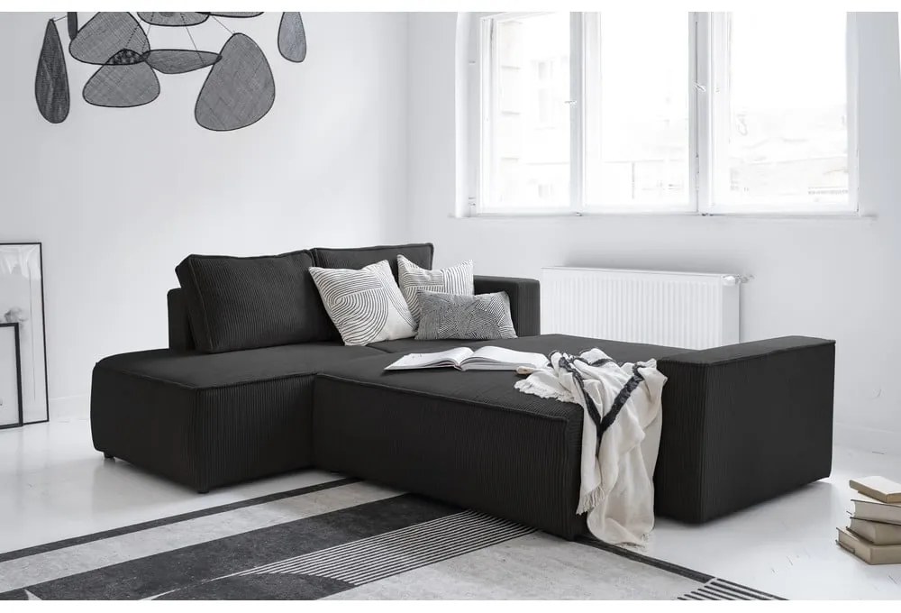 Антрацитен разтегателен ъглов диван от рипсено кадифе (ляв ъгъл) Brave Dave – Miuform