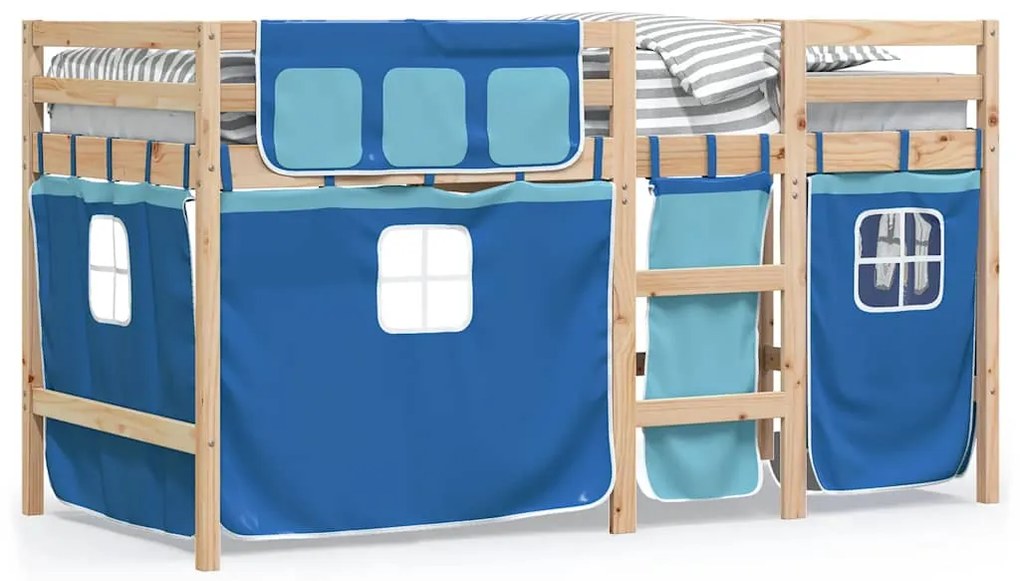 3283827 vidaXL Детско високо легло със завеси, синьо, 90x190 см, бор масив