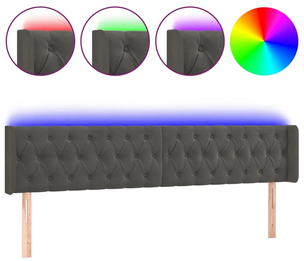 3123639 vidaXL LED горна табла за легло, тъмносива, 203x16x78/88 см, кадифе