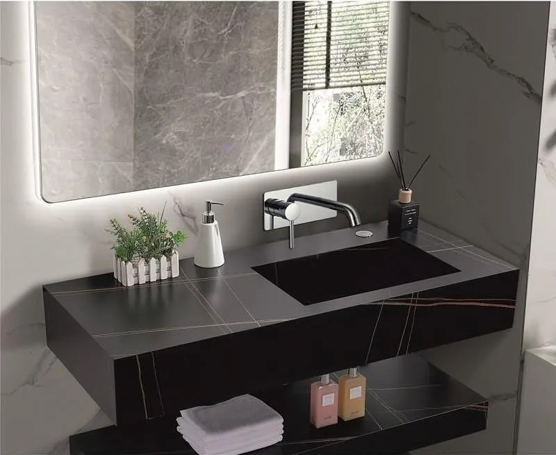 Мивка за баня PIETRA 12049/120B RIGHT БЕЗ ОТВОР, стенен монтаж, кварц, черен мат, 120x50x18см