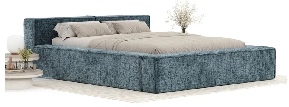 Сиво-синьо двойно легло 180x200 cm тапицирано с място за съхранение с включена подматрачна рамка Voliera – Maison de Rêve