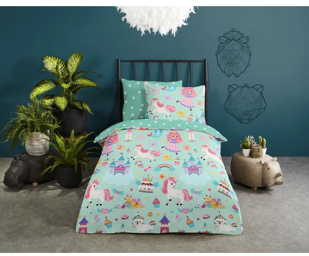 Единично памучно детско спално бельо в цвят мента 140x200 cm Fantastic – Good Morning
