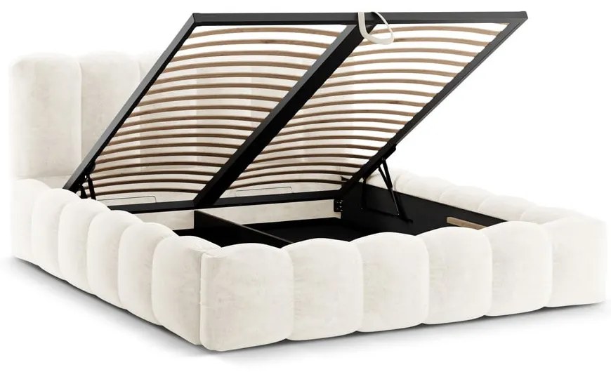 Кремаво тапицирано двойно легло с място за съхранение с включена подматрачна рамка 200x200 cm Lupine – Micadoni Home